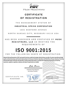 Industrial Spring Corporation ISO 9001-2015 Certificate